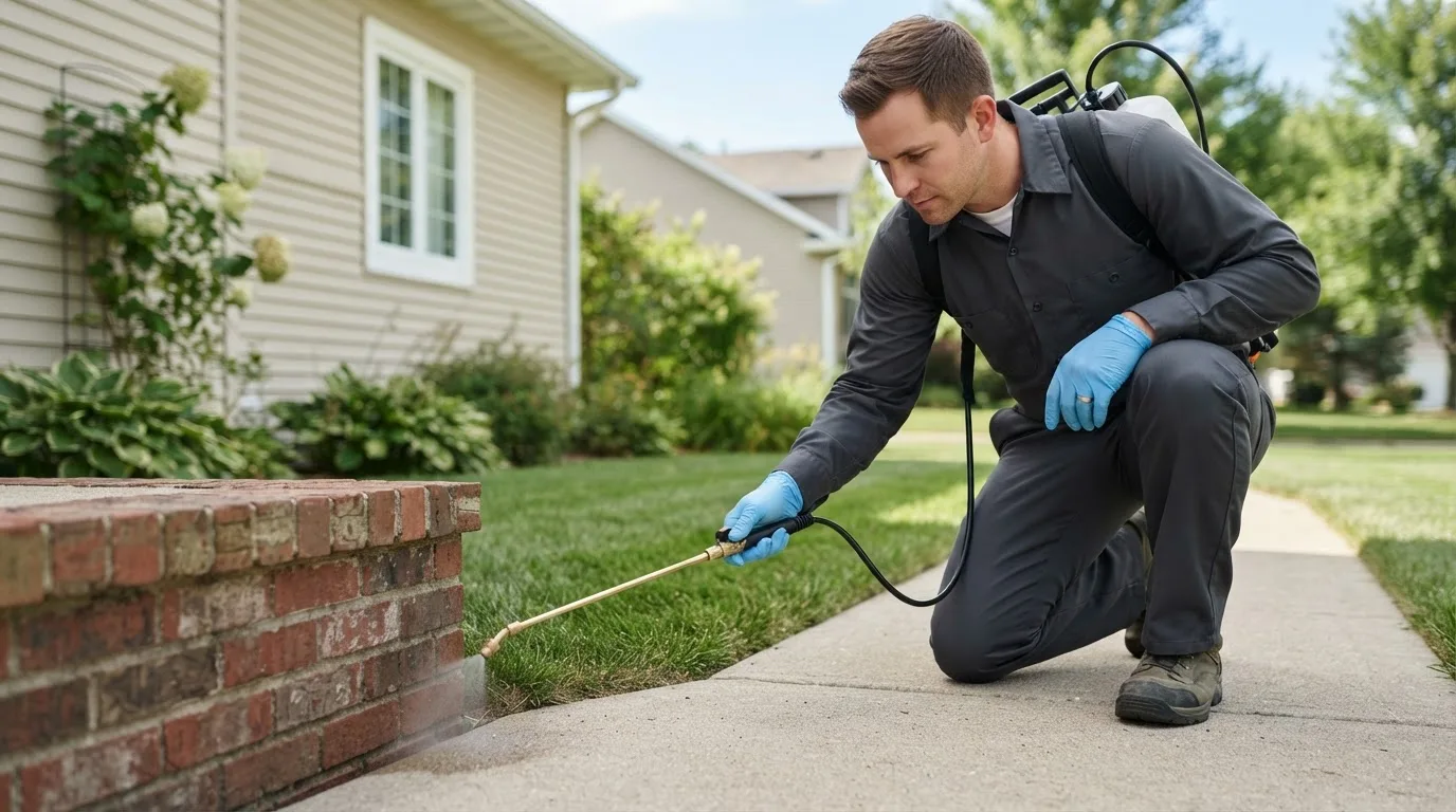 Pest control technician treating a home near Idalou, TX