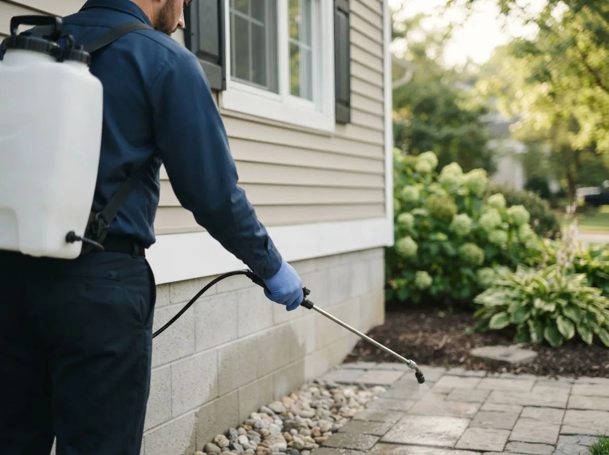 Pest control technician inspecting a home in Idalou, TX